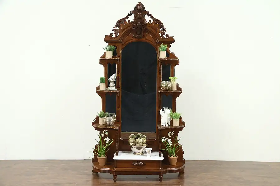 Main image of Victorian 1860 Antique Hand Carved Walnut Etagere or What Not, Marble