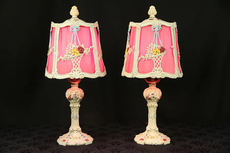 Main image of Pair Hand Painted Antique Boudoir Lamps, Silk Lined Filigree Shades