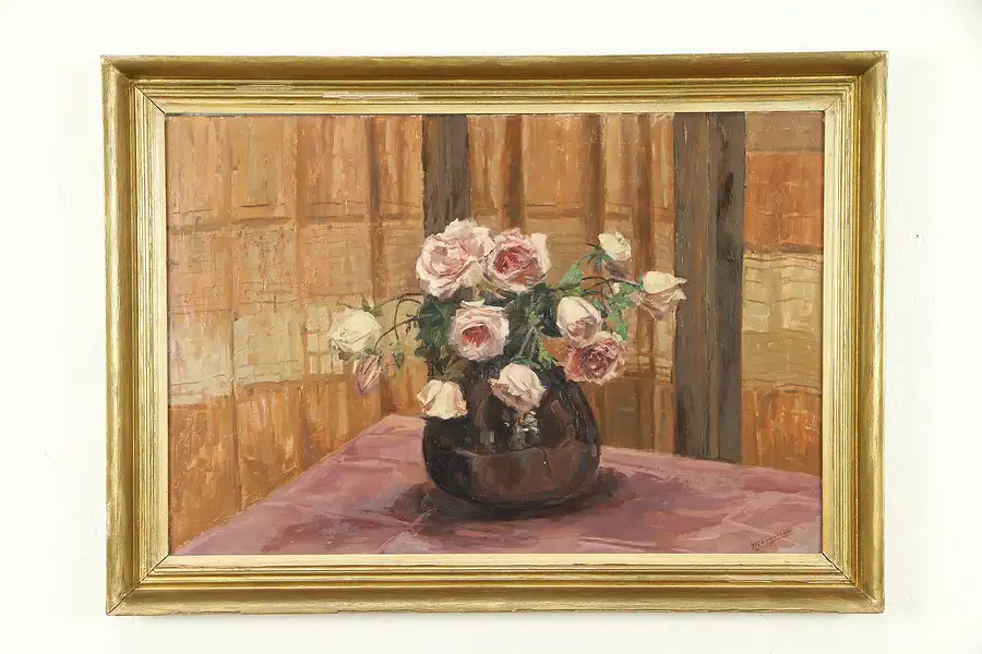 Main image of Roses Still Life Vintage Danish Oil Painting, Geo. Vuylsteke