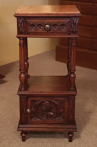 Main image of Brittany French Nightstand Table Carved Folk Figures