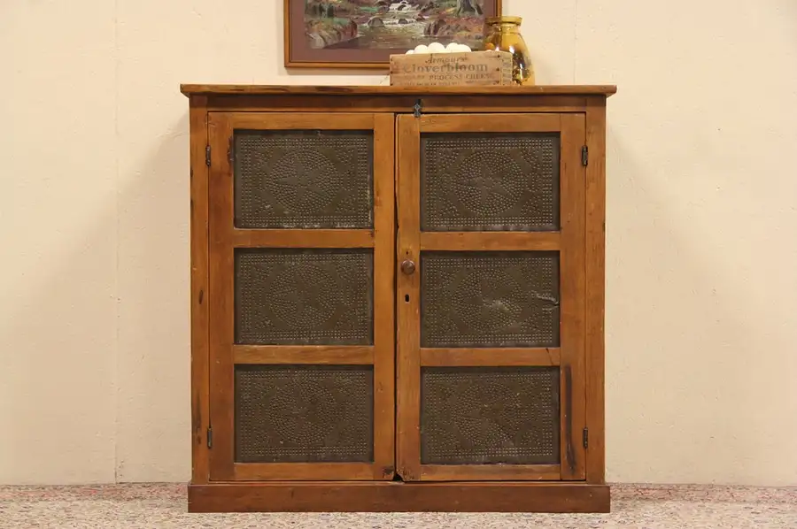 Main image of Country Pine 1880's Antique Pie Safe Cupboard, Punched Tin