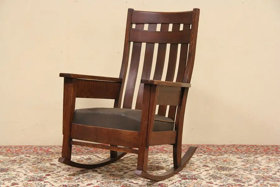 Main image of Phoenix Arts & Crafts Mission Oak Rocker, Leather Seat