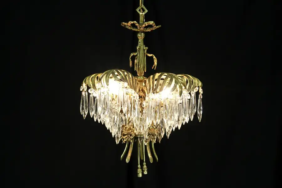 Main image of Palm Tree & Fronds Brass & Crystal Vintage Chandelier