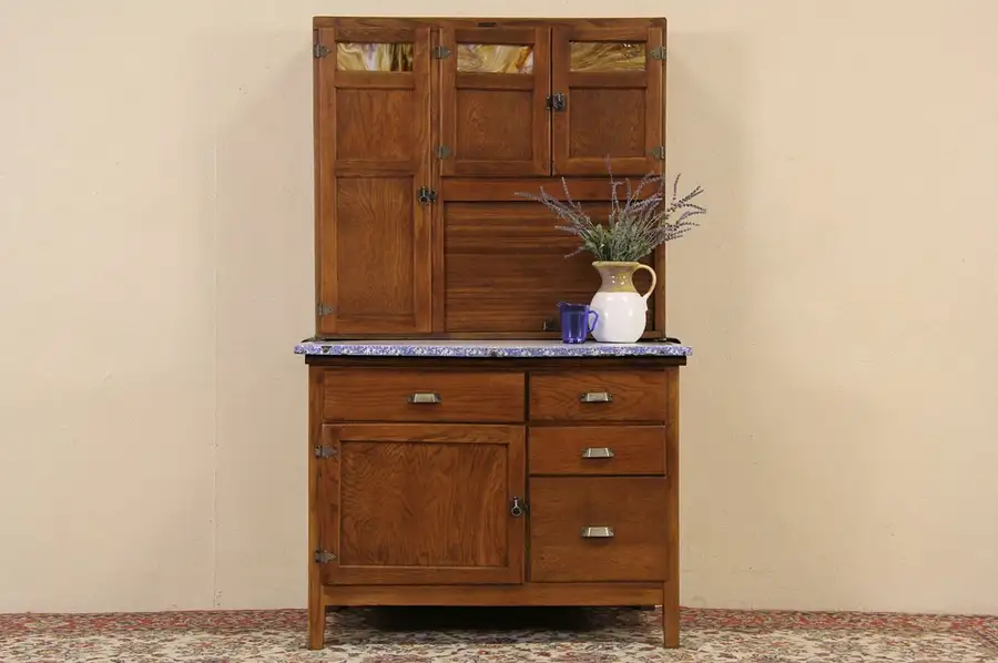 Main image of Hoosier Oak 1910 Kitchen Cabinet, Stained Glass & Porcelain Top, Signed Wilson
