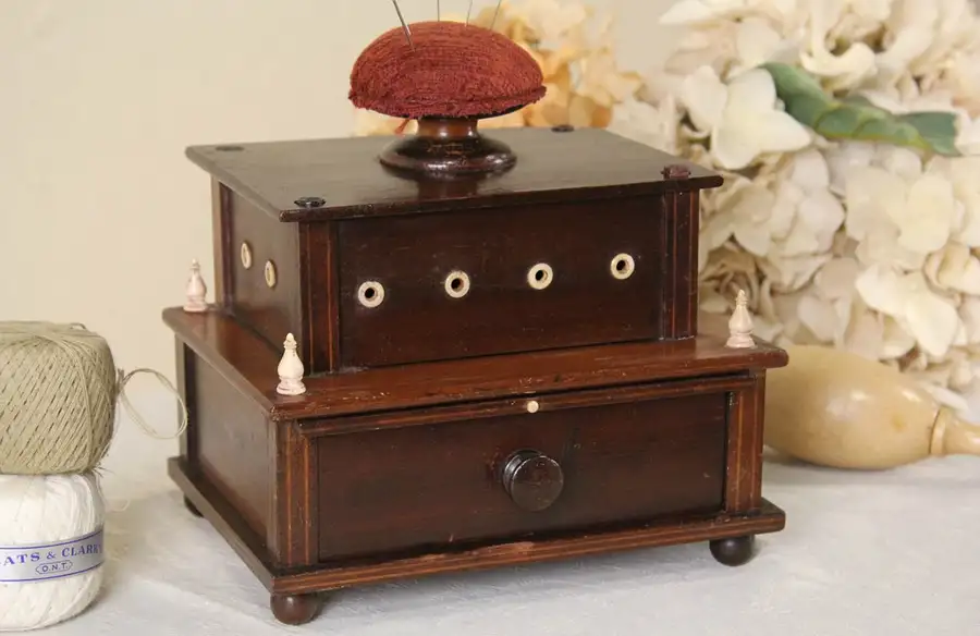 Main image of Victorian 1850's Antique Sewing Thread Box, Pin Cushion