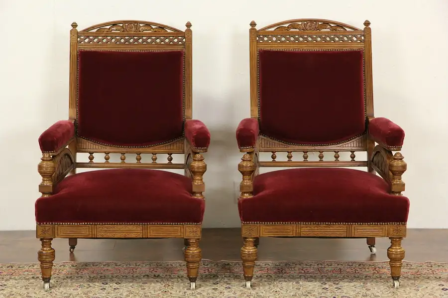Main image of Pair Victorian Eastlake Antique 1885 Chairs, Mohair Upholstery
