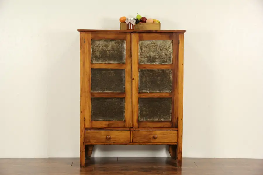 Main image of Country Pine 1870 Antique Pie Safe Cupboard, Punched Tin