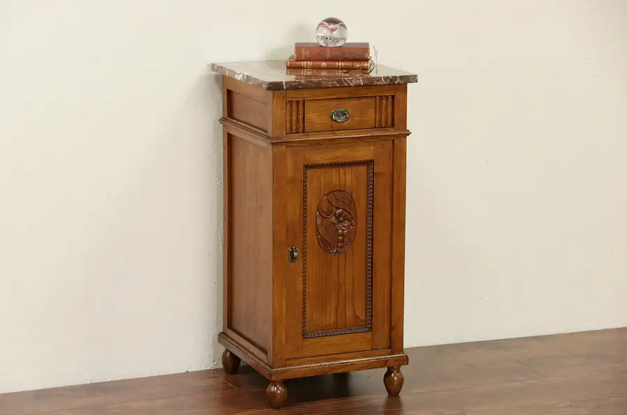 Main image of French Art Deco 1920 Antique Oak Nightstand, Marble Top