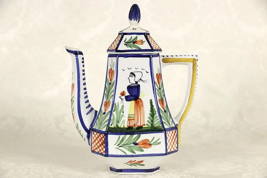 Main image of Quimper Coffee Pot, Hand Painted & Signed, Brittany France