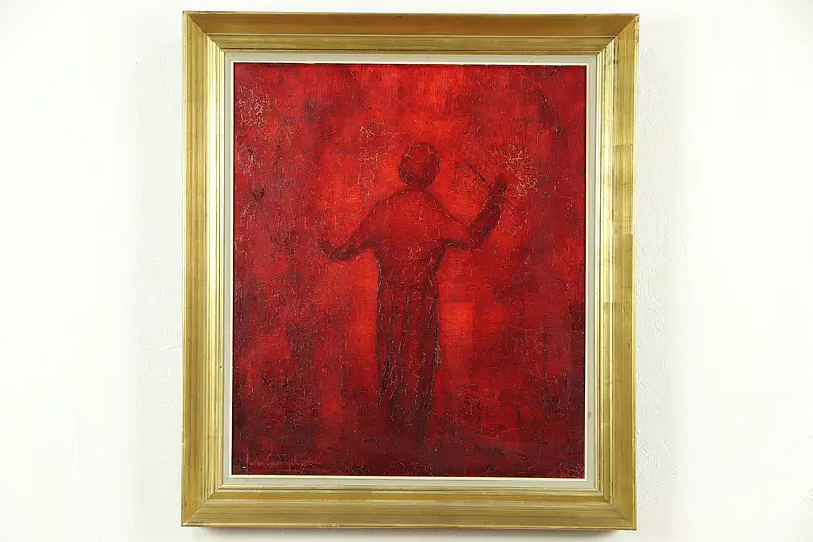 Main image of Maestro, Original Vintage Oil Painting of Orchestra Conductor, Holland, Signed