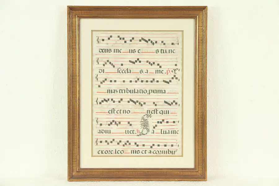 Main image of Musical Manuscript Score, Hand Painted on Vellum, Framed 1600's Antique