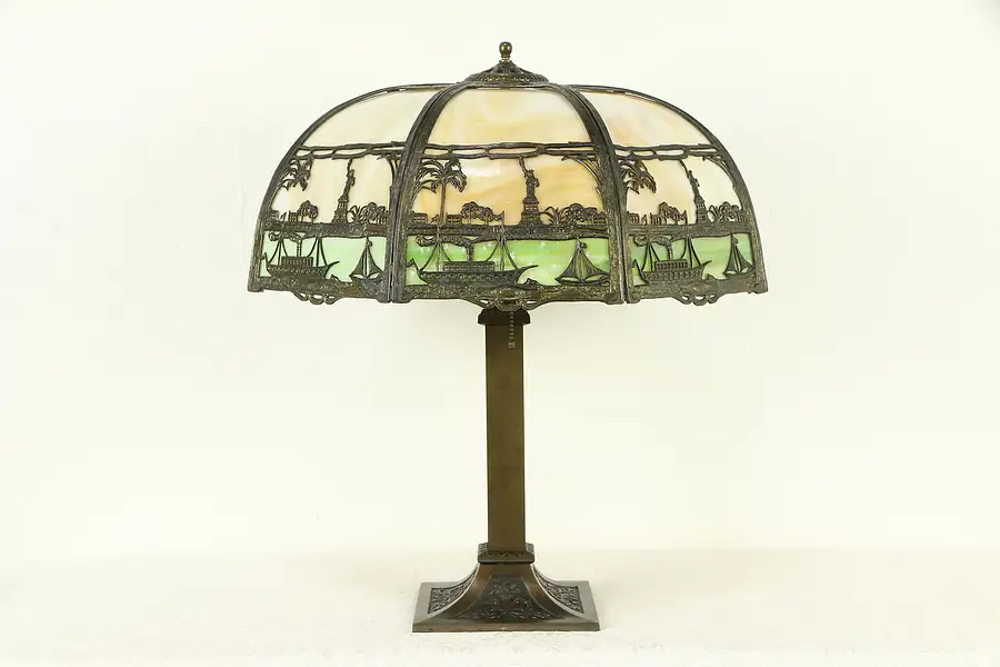 Main image of Stained Glass New York Harbor Statue of Liberty Panel Shade Antique Lamp