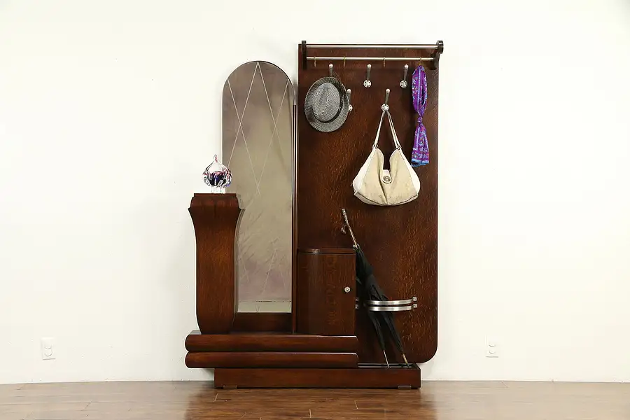 Main image of Art Deco French Oak Hall Stand, Coat Hooks, Mirror, Umbrella Holder