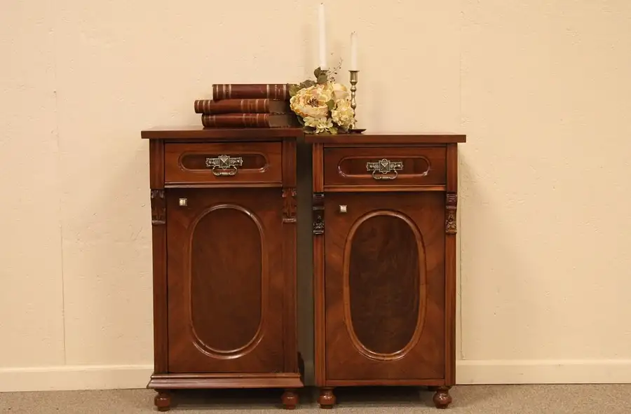 Main image of Pair of Carved Mahogany Nightstands, Bedside Tables