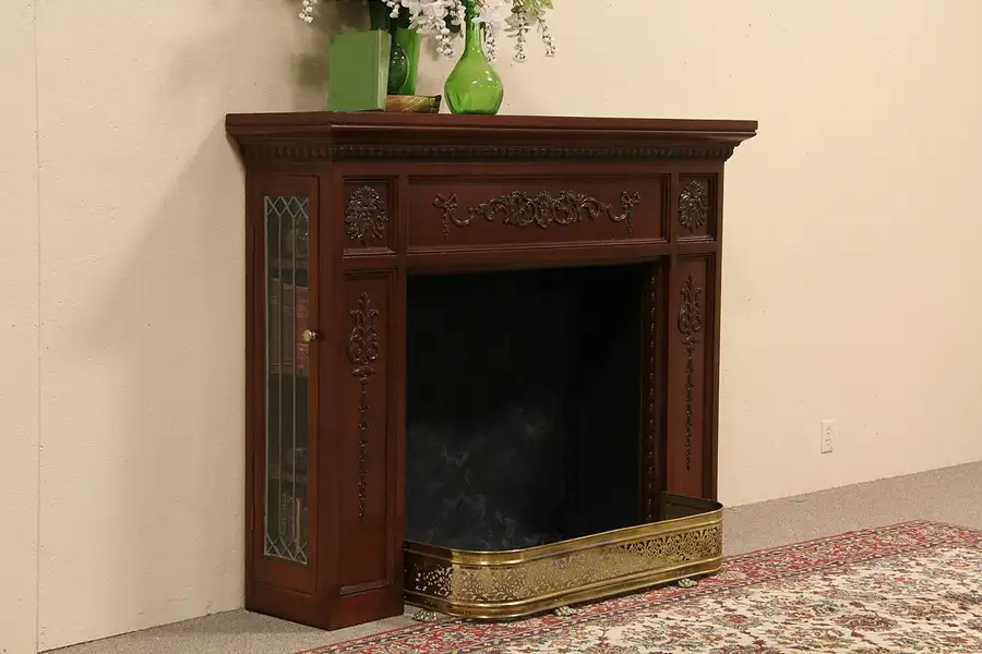 Main image of Fireplace Mantel & Surround, Leaded Glass Bookcases