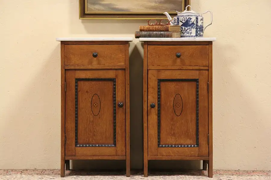 Main image of Pair Oak Marble Top Night Stands or Bedside Tables