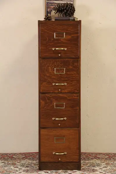 Main image of Oak 4 Drawer 1915 Antique File Cabinet, Brass Hardware