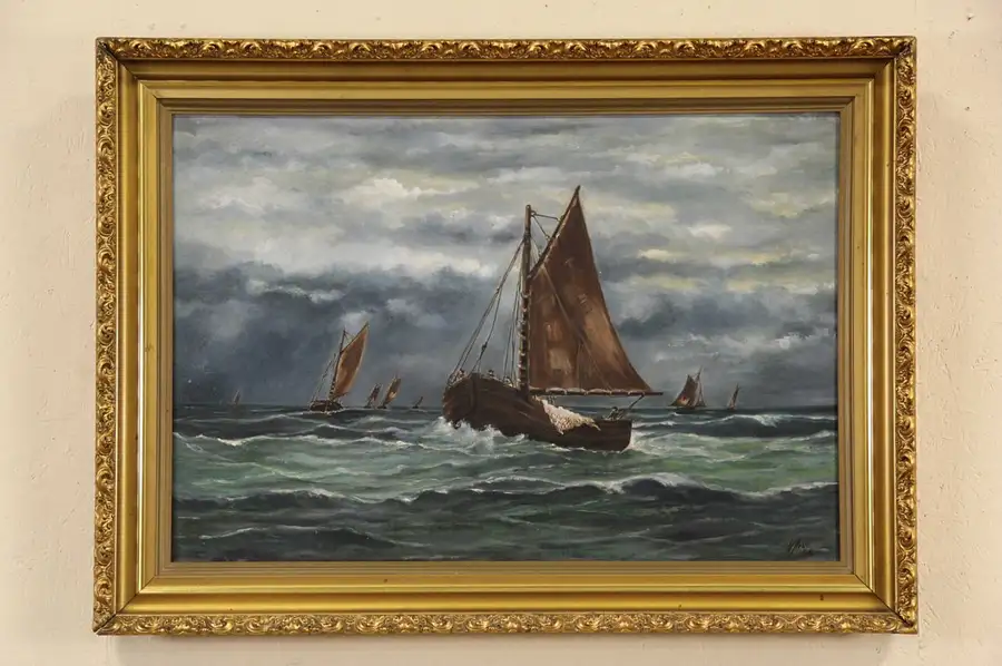 Main image of Fishing Boats at Sea, Antique Original Painting signed Hesse, 1916