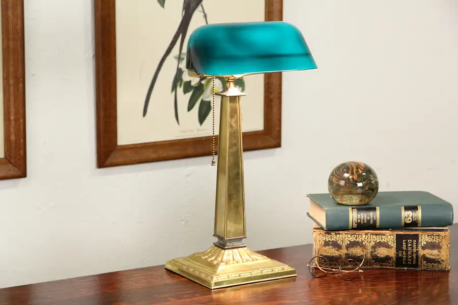 Main image of Emeralite Emerald Green 1916 Pat. Antique Brass Banker Desk or Piano Lamp