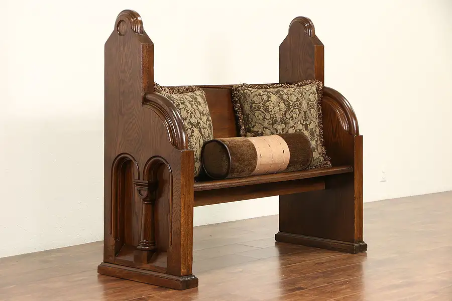Main image of Oak Pew or Hall Bench, 1875 Antique with Columns & Arches