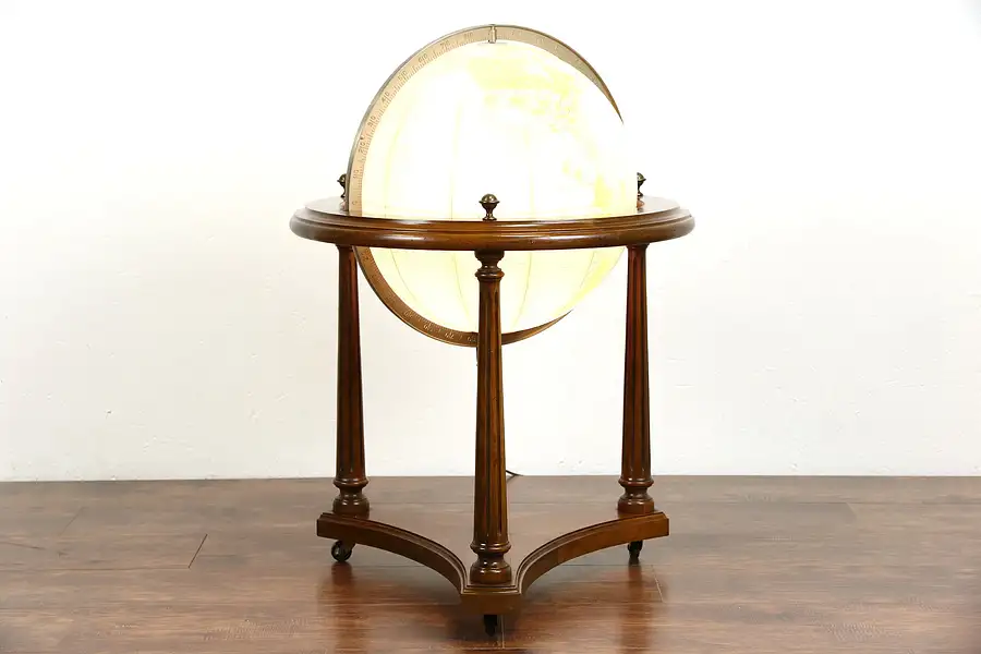 Main image of Replogle Signed 1960 Vintage Lighted World Globe, Cherry Stand