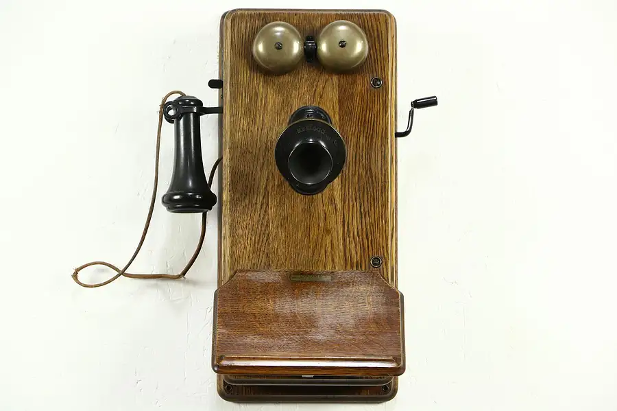 Main image of Kellogg Signed 1900's Antique Oak Wall Telephone with Generator