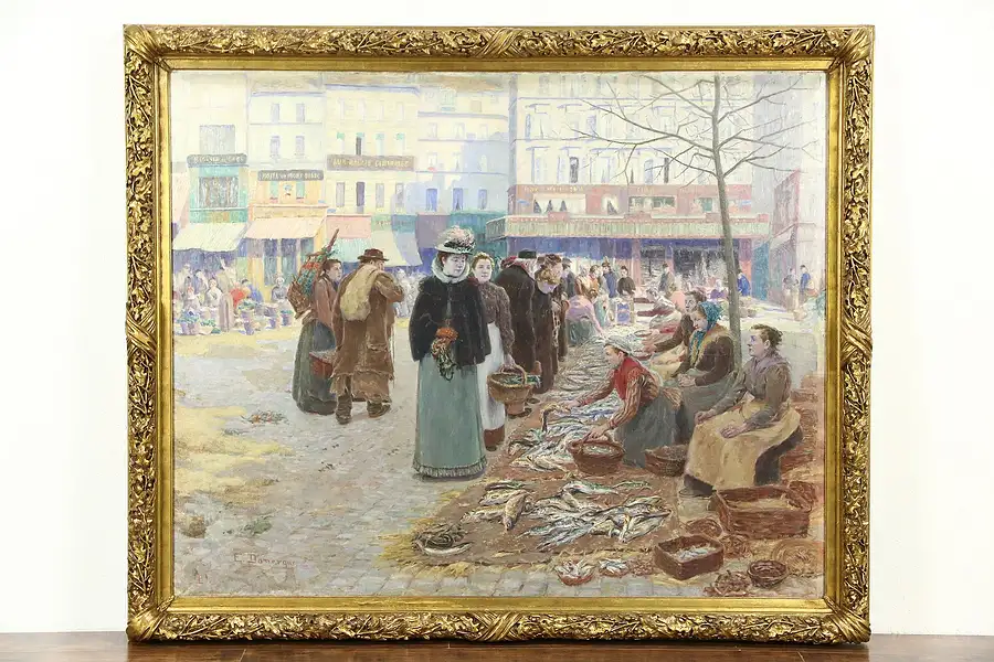 Main image of Paris Fish Market Original Antique Oil Painting, Signed Domergue