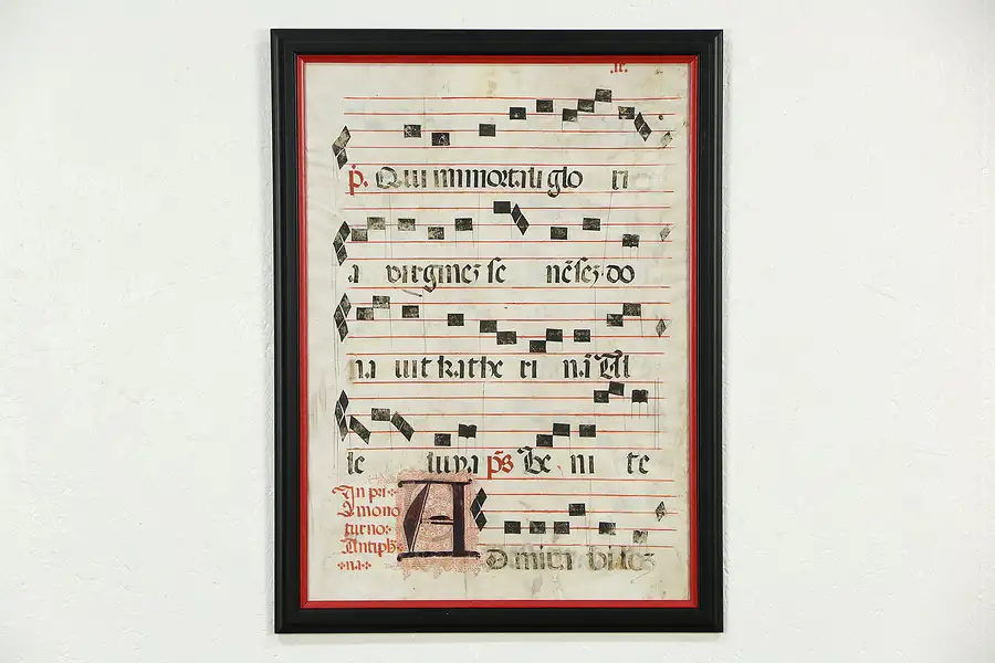 Main image of Musical Score 1600's Latin Hand Painted Vellum Manuscript, Framed