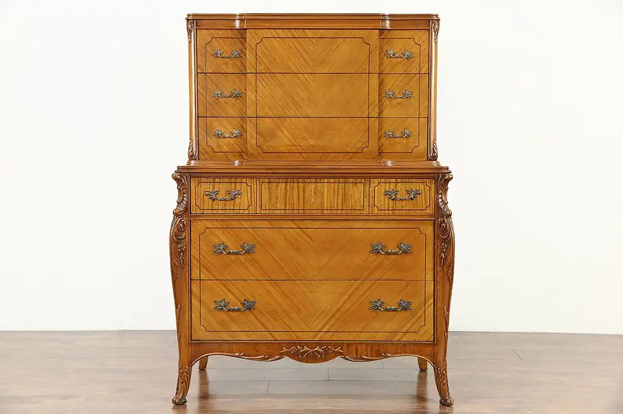 Main image of French Style Carved Satinwood 1940 Vintage Highboy or Tall Chest on Chest