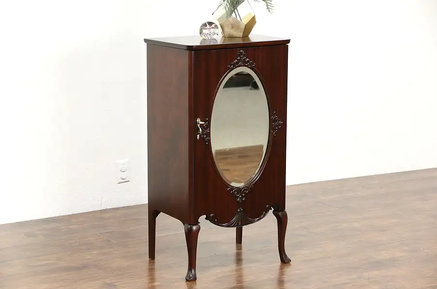 Main image of Music Cabinet or Drawing File, 1900 Mahogany Antique, Oval Beveled Mirror,