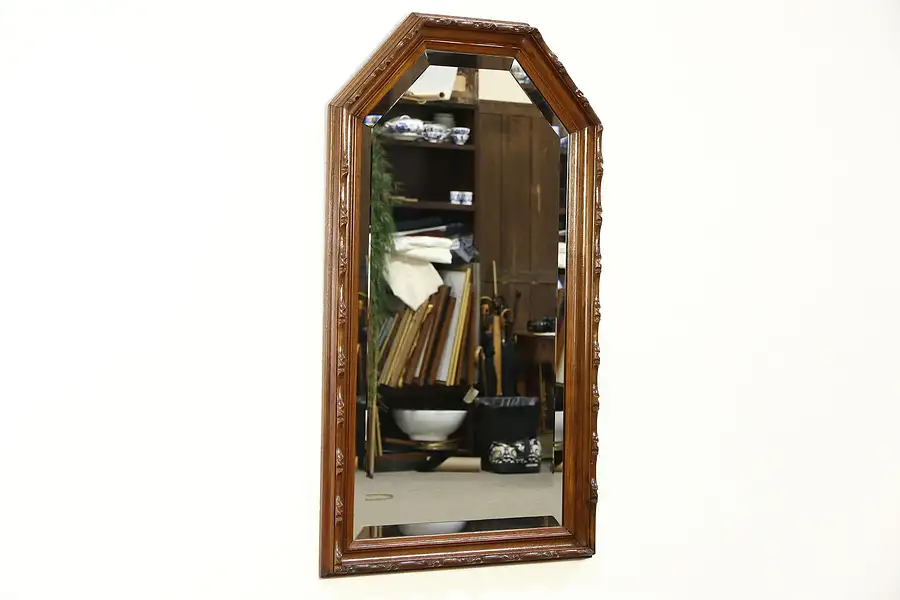 Main image of Victorian Hand Carved Walnut 1860 Antique Beveled Wall Mirror