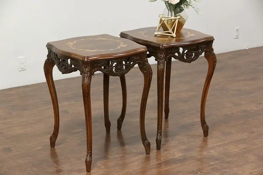 Main image of Pair Carved Vintage End or Lamp Tables, Inlaid Marquetry & Burl Tops