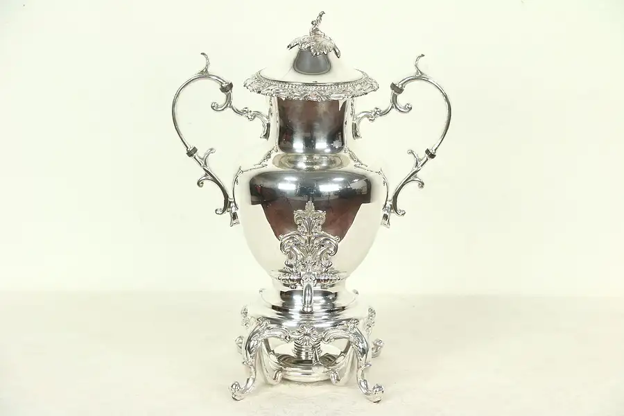 Main image of Silverplate Vintage Hot Water Tea Kettle, Beverage Server & Burner, signed GS?