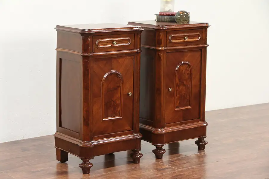 Main image of Pair Italian Antique Walnut & Burl Nightstands
