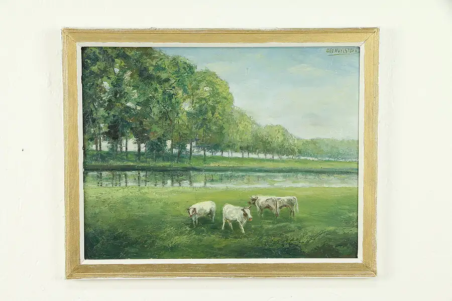 Main image of Pond with Cows Original Danish Vintage Oil Painting, Geo. Vuylsteke