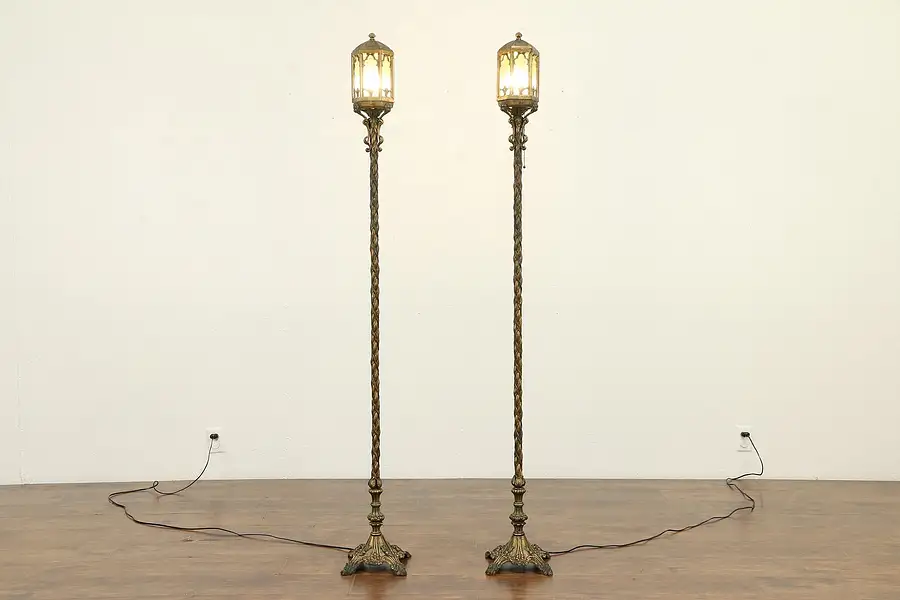 Main image of Pair Iron, Brass, Stained Glass Antique Floor Lamps, Torchieres, Lanterns