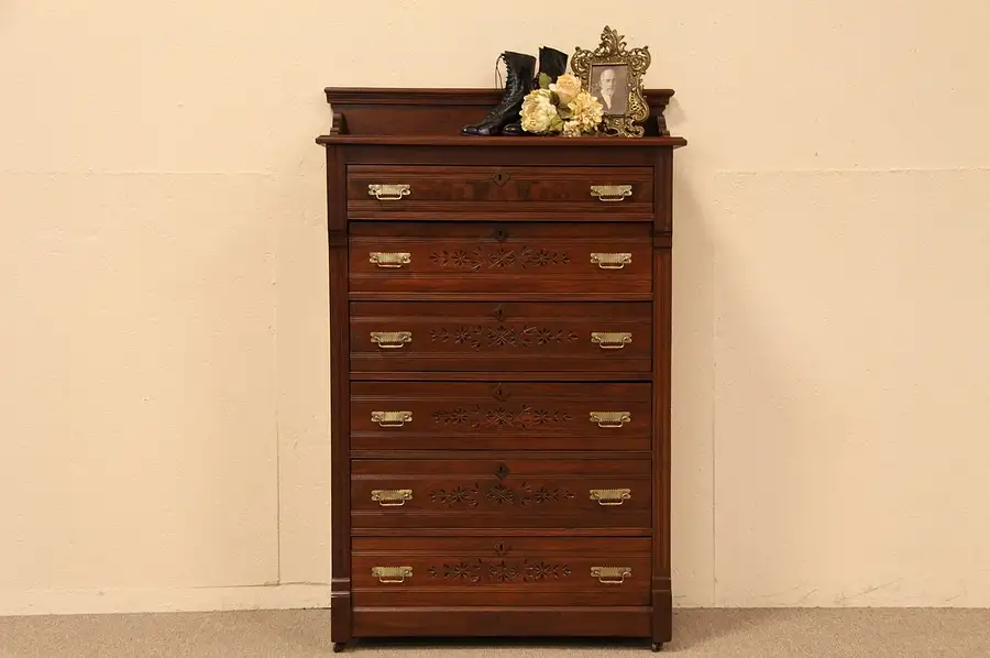 Main image of Victorian Eastlake Spoon Carved High Boy Tall Chest