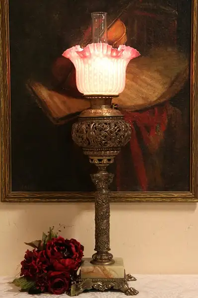 Main image of Cranberry Satin Glass Antique Victorian Oil Lamp