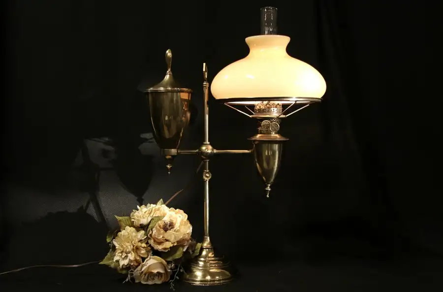 Main image of Brass 1880 Antique Student Desk Oil Lamp, Electrified