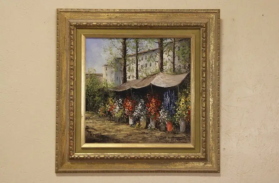 Main image of Flower Market Scene Signed Kurt Moser 1970's Original Oil Painting