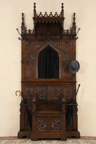 Main image of Gothic Carved Oak French1880's Antique Hall Stand, Bench, Hooks & Mirror
