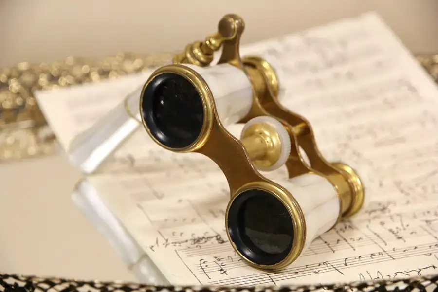 Main image of Paris 1900 Antique Pearl Opera Glasses with Handle, signed Lemaire