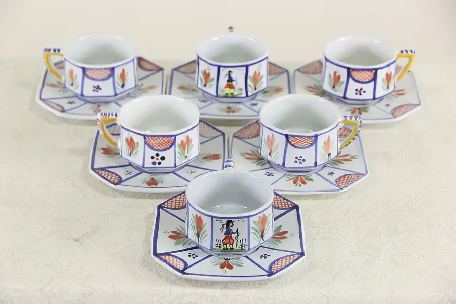 Main image of Set of 6 Quimper France Signed Hand Painted Minstral Blue Cups and Saucers
