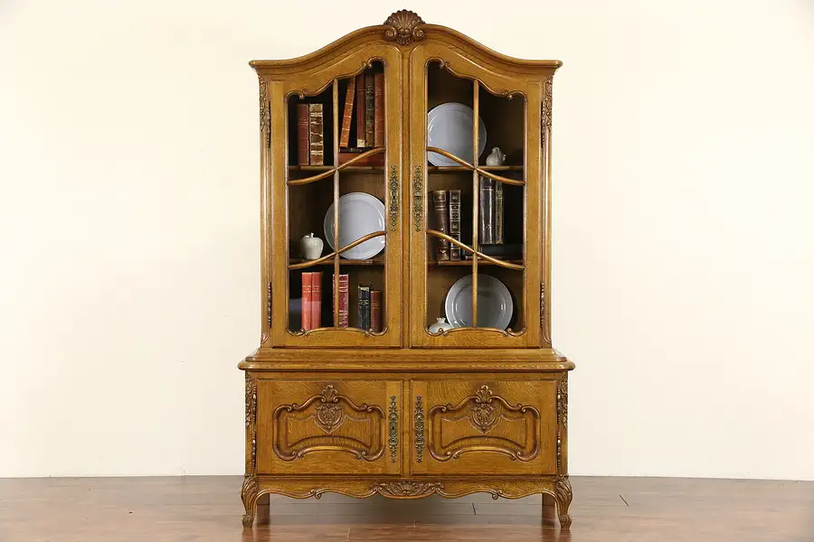 Main image of Country French Carved Oak 1940's Bookcase or China Cabinet