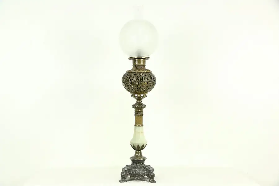 Main image of Victorian Antique 1890's Pewter, Brass & Onyx Oil Banquet Lamp, Electrified