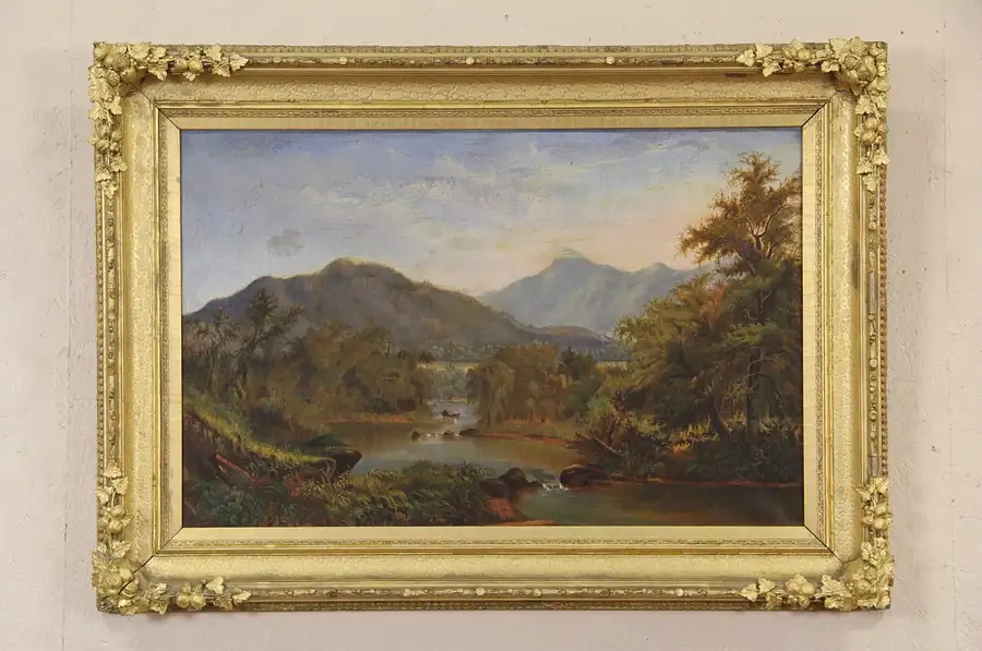 Main image of Mountain Stream with Rowboat, 1850's Original Oil Painting on Canvas