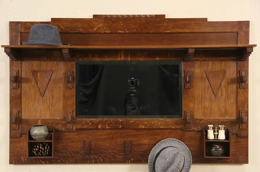 Main image of Arts & Crafts 1900 Antique Wall Mirror, Coat Hooks & Hat Rack