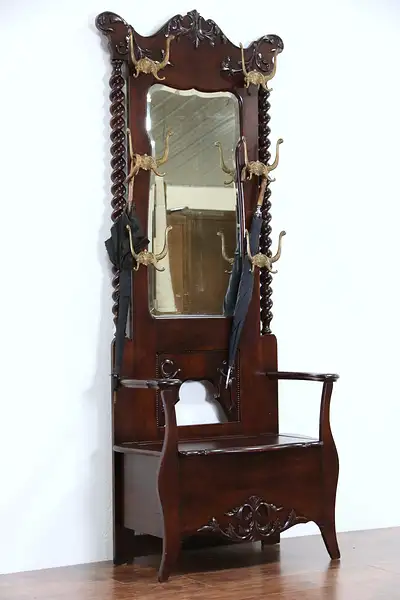 Main image of Victorian 1900 Antique Hall Stand, Bench, Mirror, Coat & Hat Hooks
