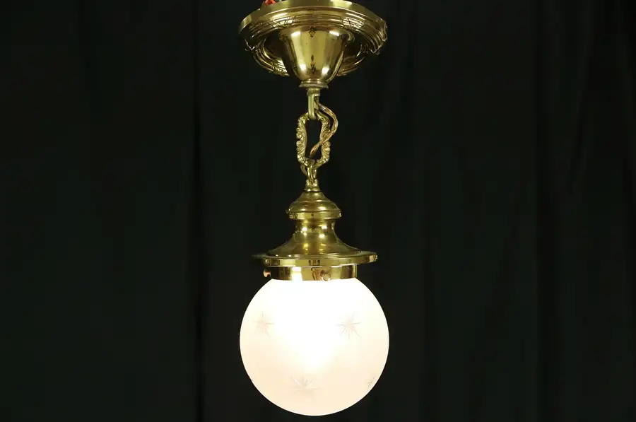 Main image of Brass 1910 Antique Hall Ceiling Fixture, Cut & Etched Glass Globe