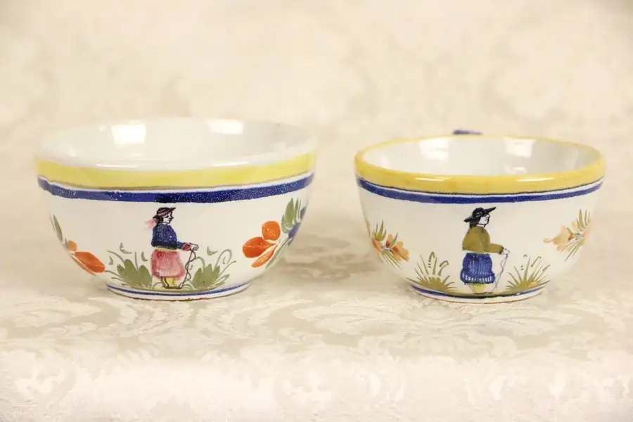 Main image of Henriot Quimper Signed His & Hers Coffee Cups, Hand Painted Brittany, France